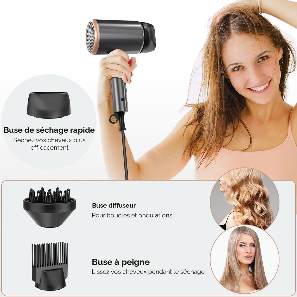 Sèche-cheveux ionique 2400W avec sac de rangement et support, séchage rapide, léger et compact, Seche Cheveux avec bouton chaud/froid, 3 chauffages, 3 vitesses/sèche-cheveux de salon avec 3 embouts