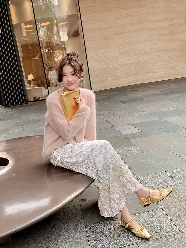 QIJOZXN Wrinkled Leather Mary Jane Flats for Women Pointed Toe Ballet Flats Stretch Band Slip On Dress Ballerina Flats Shallow Casual Shoes3