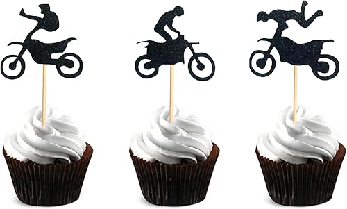 48 piezas de decoración para cupcakes de motocross con temática de motocross para fiestas de cumpleaños con purpurina negra, decoración de cupcakes