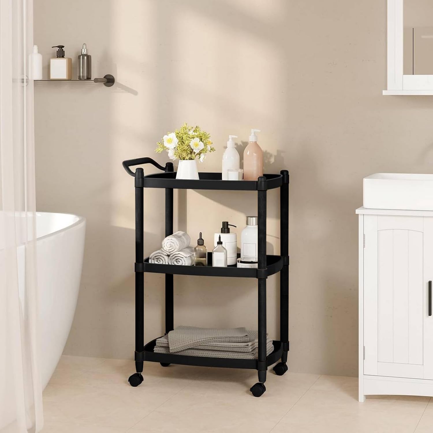 Avilia Carrello Portavivande da Cucina con 3 Ripiani e Ruote - 46x33x74 cm, Carrello Cucina Nero - Manico Ergonomico, Struttura in Polipropilene Resistente - Ideale per Cucina, Bagno e Ufficio