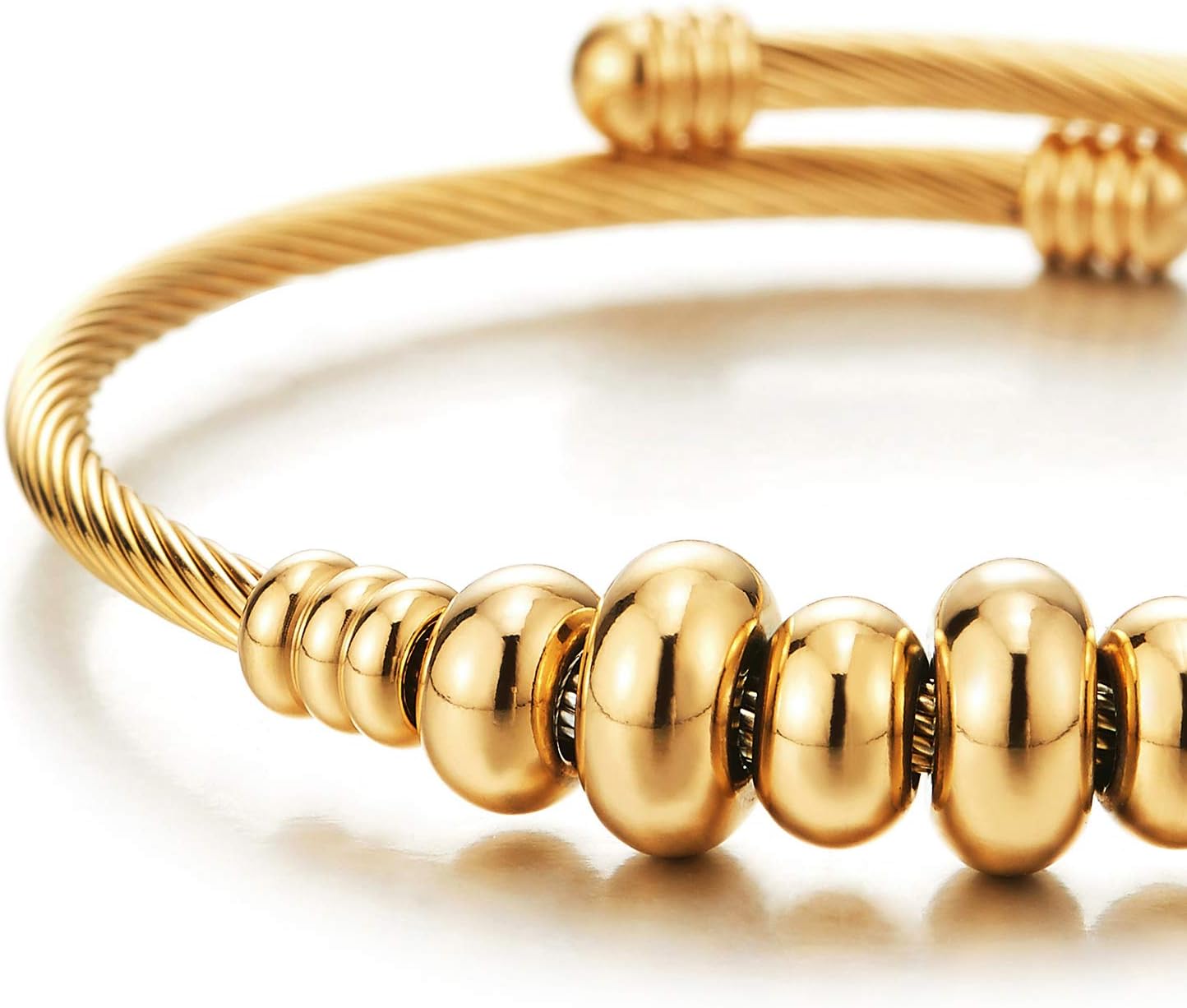 COOLSTEELANDBEYOND Elastic Adjustable Women Gold Stainless Steel Twisted Cable Bangle Cuff Bracelet with Beads String - Image 3
