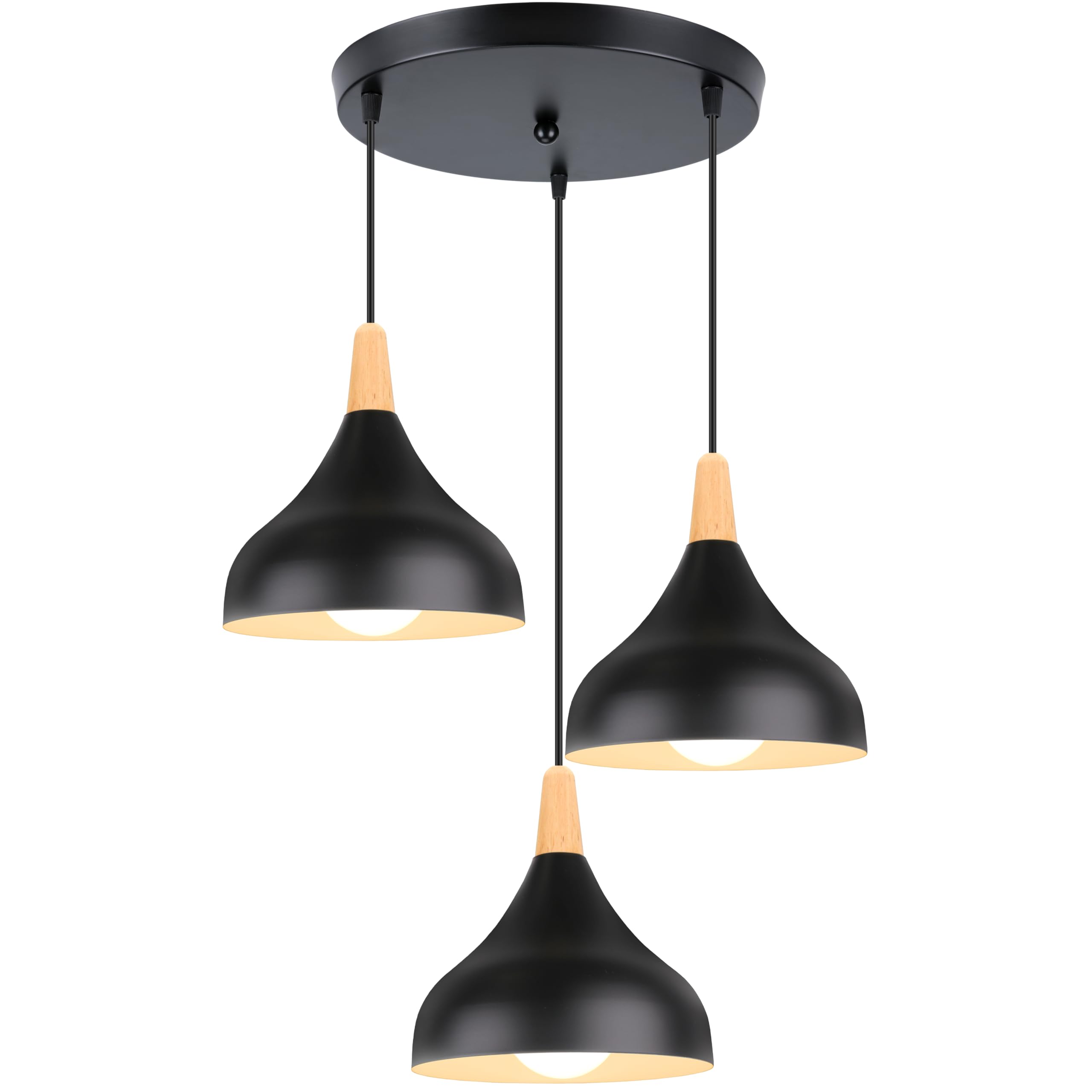 iDEGU Chandelier Pendant Light Retro 3 Lamps Modern Style Drop Hat Ceiling Light E27 Metal Wood Ceiling Lamp for Bedroom Dining Room Kitchen Diameter 20 cm (Black, Round)