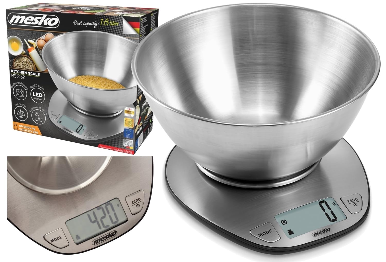 Mesko Cyfrowa Waga Kuchenna, Stal Nierdzewna, Szary, do 5 kg