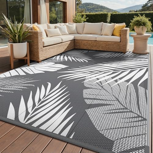 GENIMO Outdoor Rug 9' x 12' Waterproof for Patios Clearance, Reversible Plastic Straw Camping Carpet, Large Area Rugs Mats RV, Picnic, Backyard, Deck, Balcony, Porch, Beach, Grey&White
