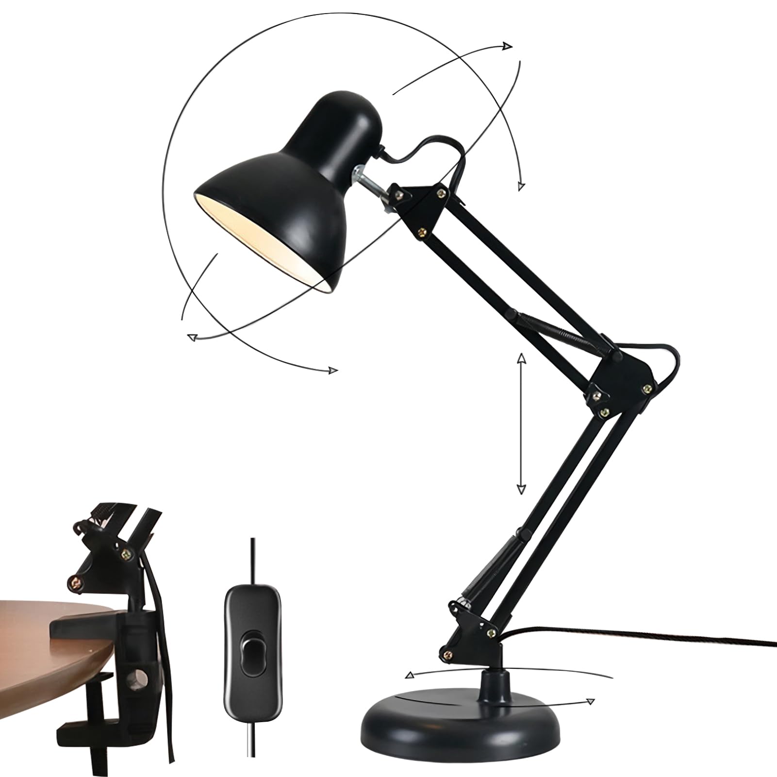 VAODO Desk Lamp, Adjustable Goose Neck Swing Arm Table Lamp with Interchangeable Base or Clamp, Metal Clamps Multi -Joint Adjustable Learning Table Lamps, Lighting Bulbs Can Be Replaced