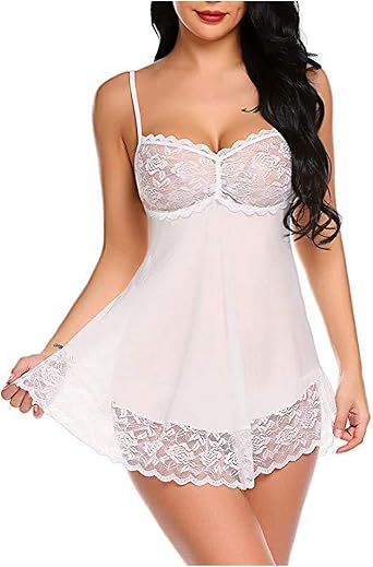 Womens Mesh Sheer Babydoll Lingerie Sexy Lace Chemise Nightgown Off Shoulder Boudoir Pajama Dress for Sex Naughty