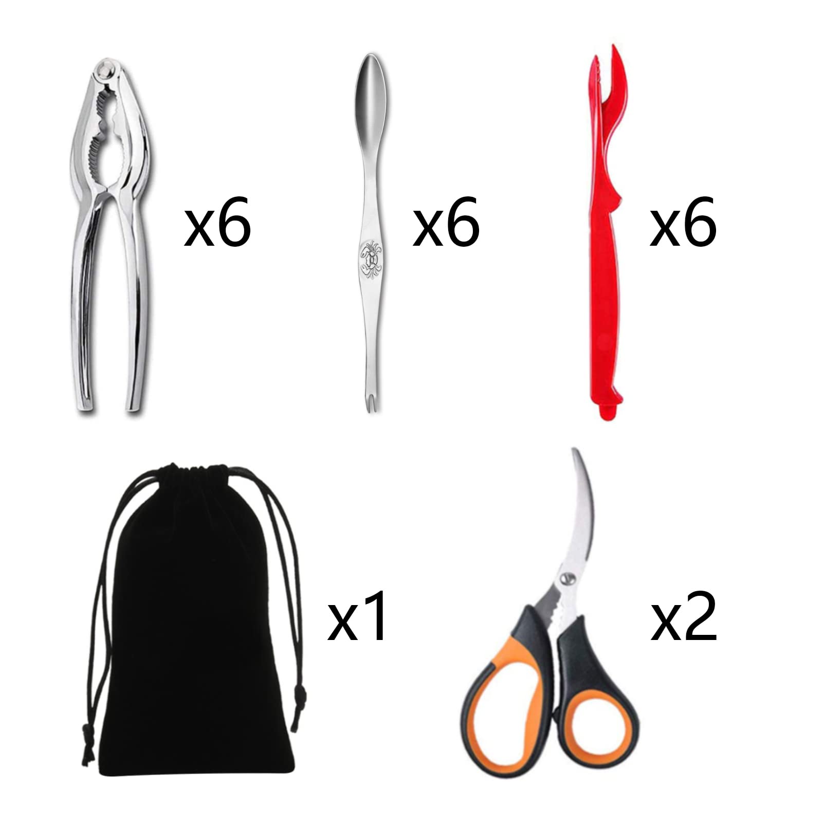 Artcome Lot de 21 outils pour fruits de mer – 6 craquelins à crabe, 6 coquilles à homard, 6 larges fourchettes à crabe, 2 ciseaux à fruits de mer et 1 sac de rangement