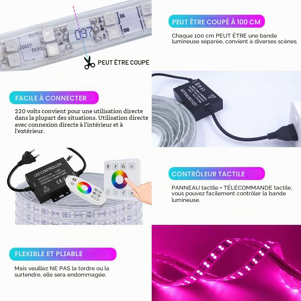 Ruban LED RGB 220V 5050 120leds/m Dimmable flexible IP67 Étanche Multicolore LED Bande Avec 1500W Panneau tactile de télécommande tactile pour Chambre,Bar,Intérieur/Extérieur