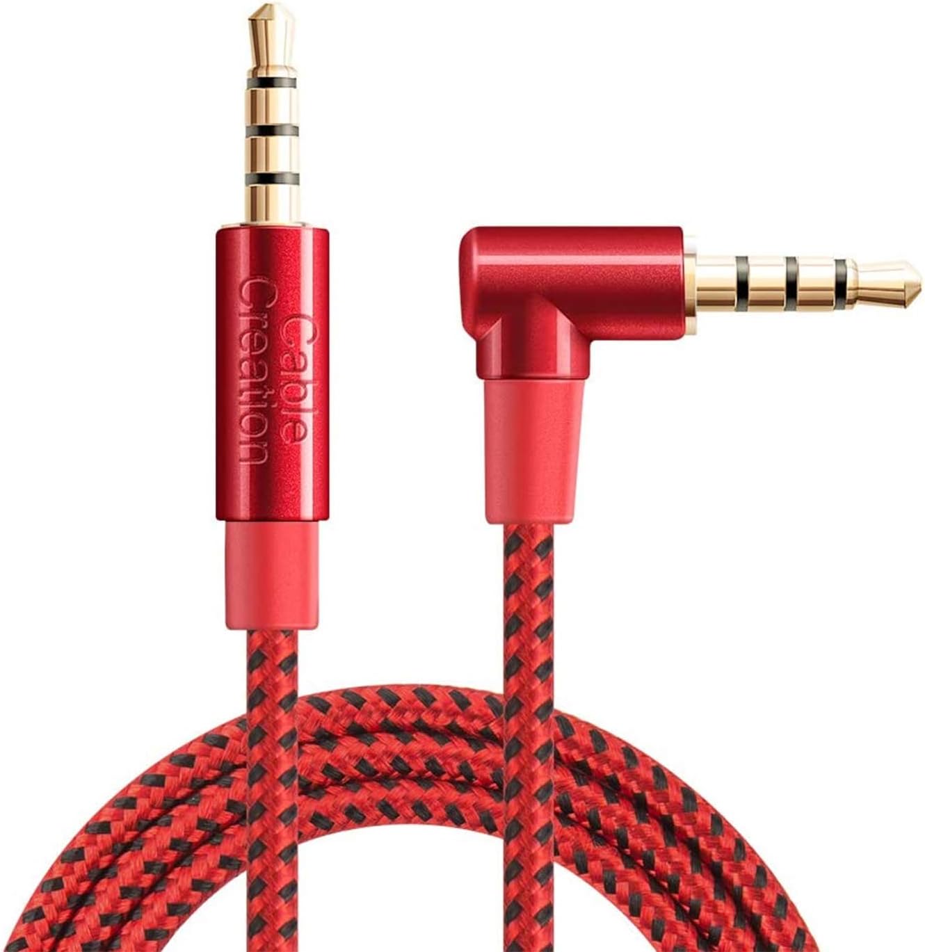CableCreation TRRS Cable, 3FT 3.5MM Male to Male 4 Pole Right Angle Audio Stereo HiFi Cable with Silver-Plating Copper Core (Microphone Compatible),24K Gold Plated,Red
