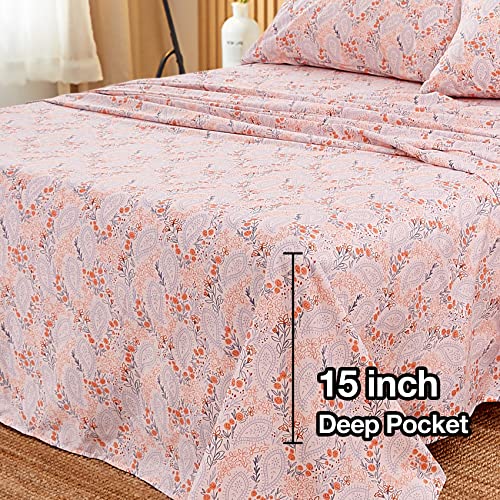 Image of JSD Pink Paisley Floral Printed King Sheet Set Extra Deep Pocket | 4 Piece Soft Microfiber Sheets, OEKO-TEX Certified, Easy Care