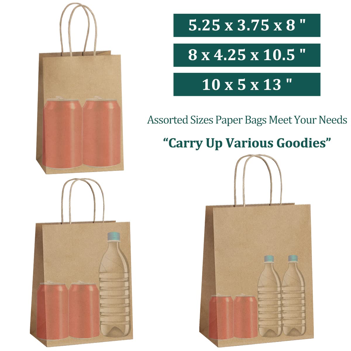 SHOPDAY 45 szt. brązowych papierowych torebek z uchwytami, różne rozmiary, torby na prezenty, torby z papieru kraftowego, 5 x 3 x 8 i 8 x 4 x 10,5 i 10 x 5 x 13, 15 szt. każda torba do pracy ręcznej