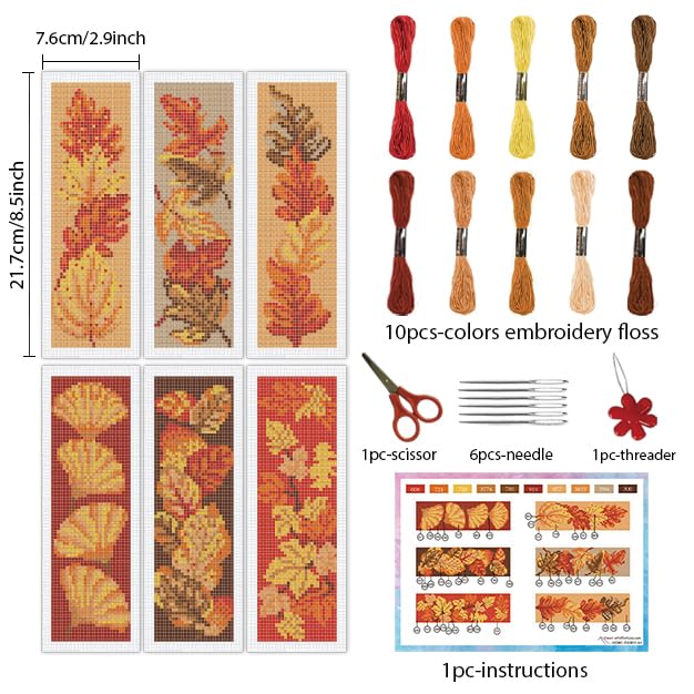 Image of INFUNLY 6PCS Falling Leaf Cross Stitch Bookmark Kit for Adults Autumn Cross Stitch Kits DIY Crossstitch Kits Maple Leaves Stamped Embroidery Bookmark Kit with Instructions for Book Lovers Readers