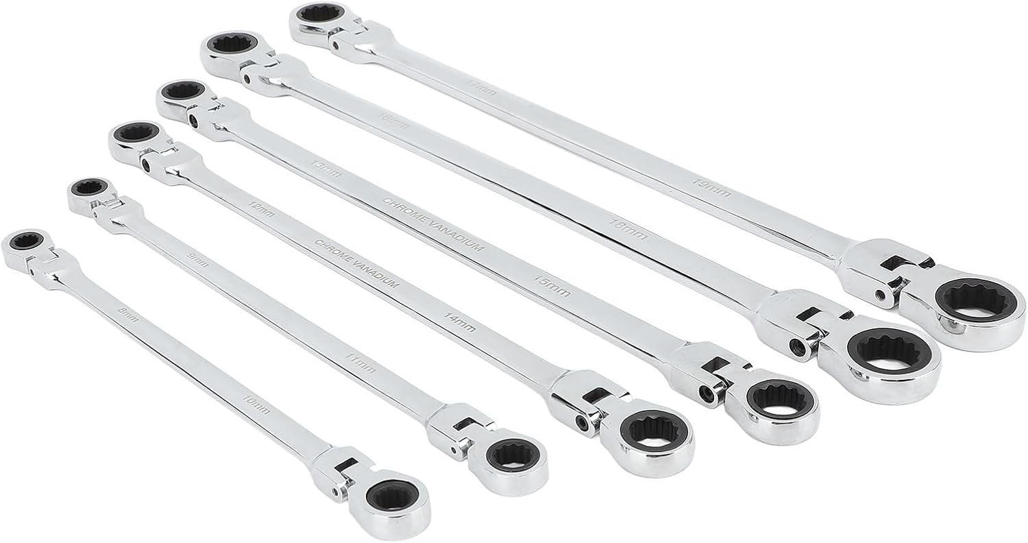 6Pcs Head Ratcheting Wrench Set Metric 819mm‑, Double Box End Ratcheting Wrench Set, CRV Steel Extra Ratchet Wrench for Tight Spaces, Repair Tool for