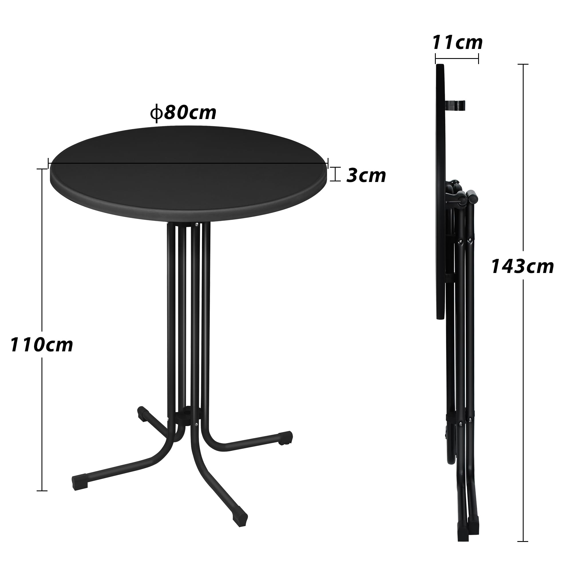 XMTECH Table haute pliable - Diamètre : 80 cm - Table de bistrot ronde - 110 cm de haut - Résistante aux intempéries - Pied réglable en hauteur - Table de jardin, de fête, pour l'intérieur et