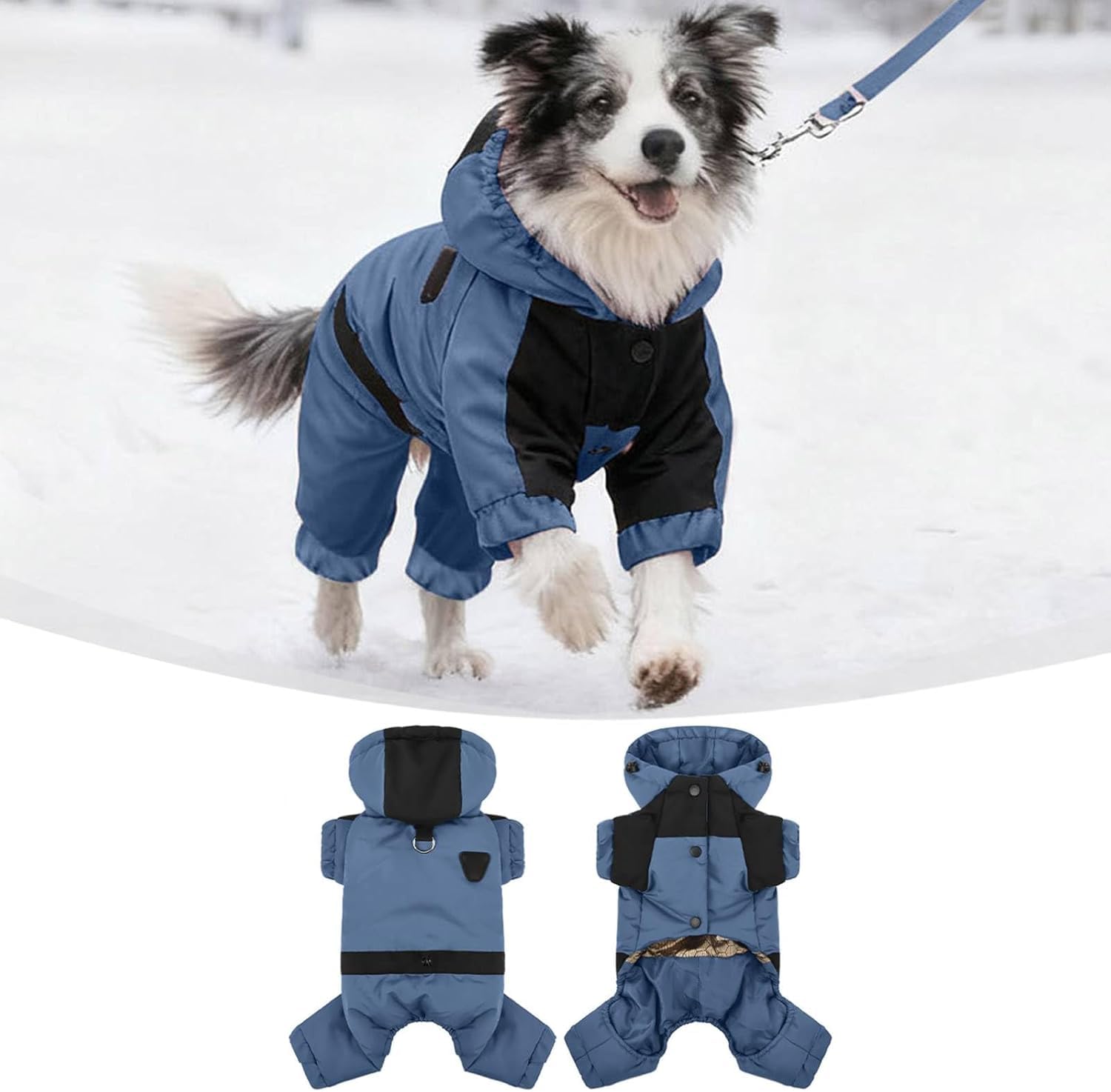 Warm Dog Coat with Hood,Dog Winter Coat 4 Legs Covered Waterproof Snowproof Winter Snowsuit for Puppy Adjustable Thermal Warm Snowsuit for Cold Weather Full Body Jacket (Blue, L)