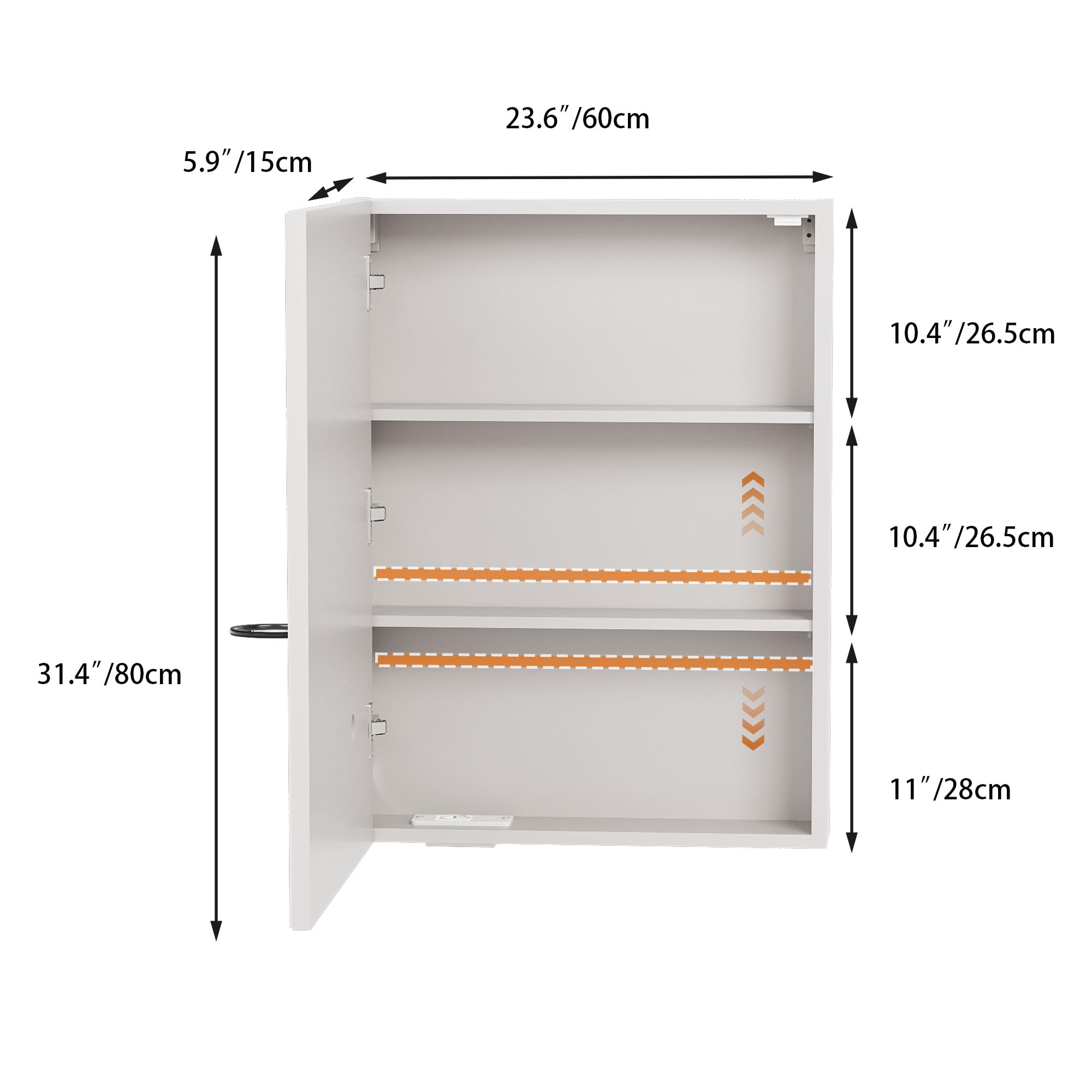 Armoire Salle de Bain avec Miroir Suspendu Armoire Miroir avec Prise Éclairage Antibuée 2 Étagère Réglable et Support Sèche-Cheveux (60x15x80cm)
