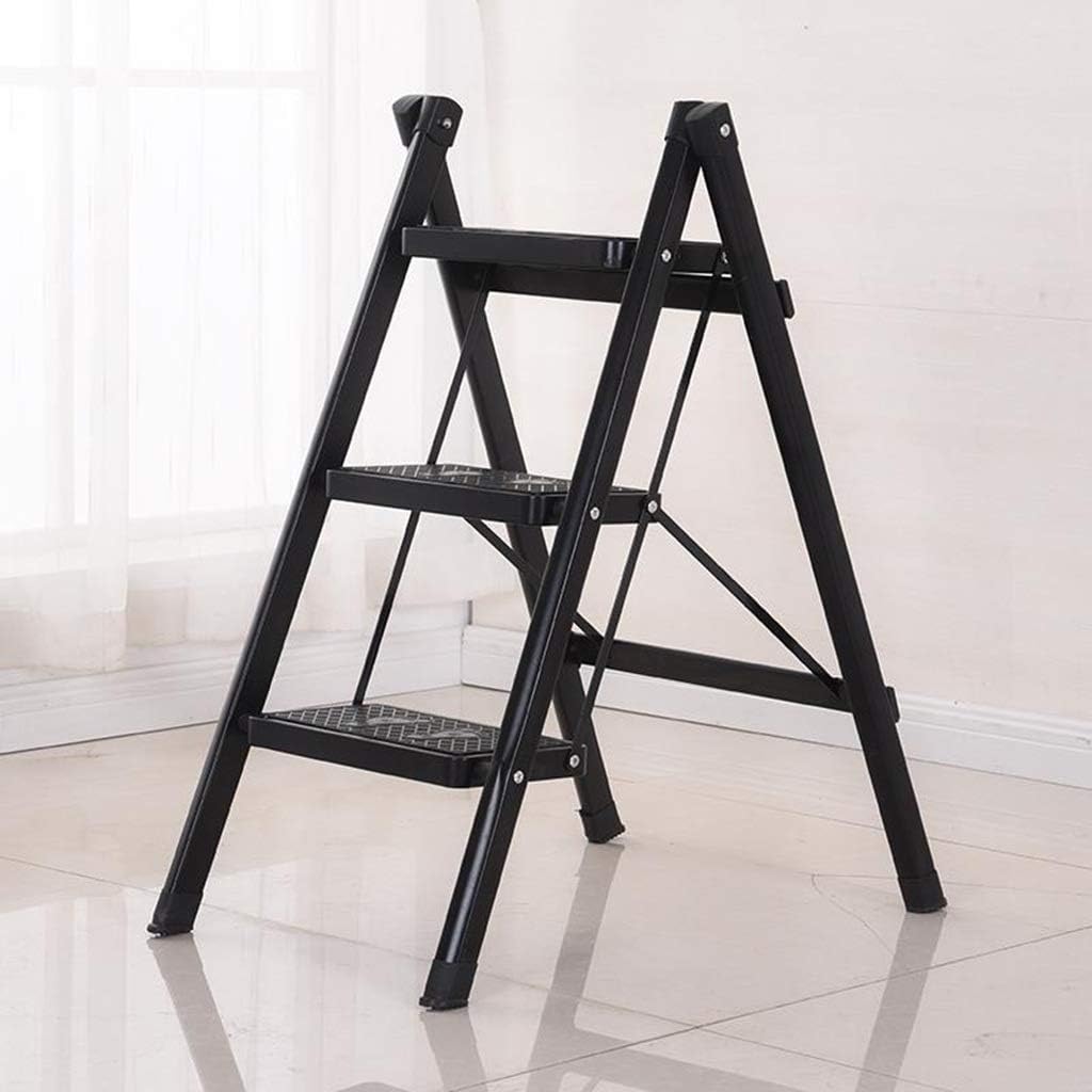 Step Stool Three-Step Ladder,Metal Folding Ladder Multi-Function Household Ladder Multiple Colour Household Ladder/Black/48X6X90Cm