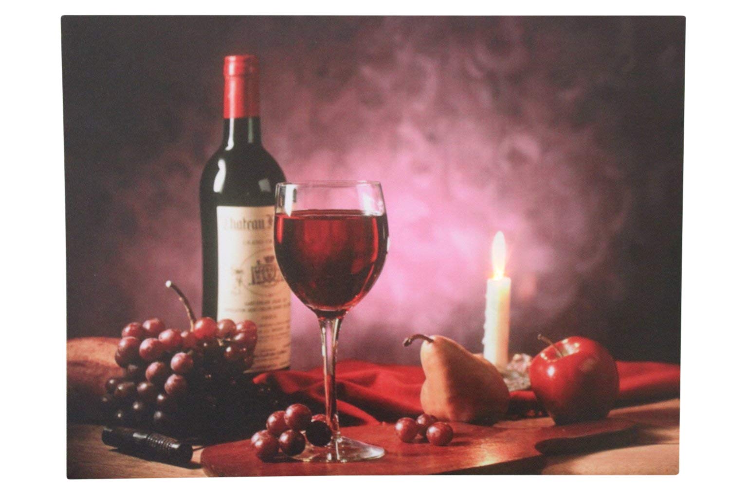 Garden Market Place Red Wine, Grapes And Candle Christmas Canvas Picture Print With Led Lights
