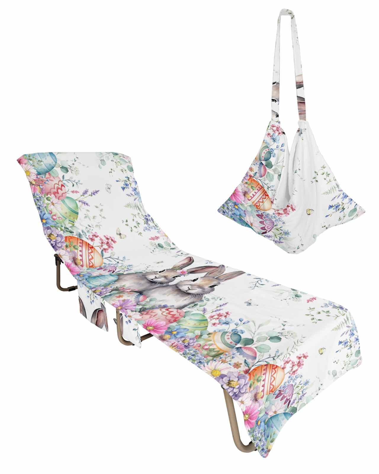 Spring Easter Beach Lounge Chair Towel Cover, Soft Chaise Lounge Towel with Side Pockets Patio Pool Chairs Cover for Beach/Pool Sunbathing 29x85 Bunny Eggs Eucalyptus Leaves Botanical