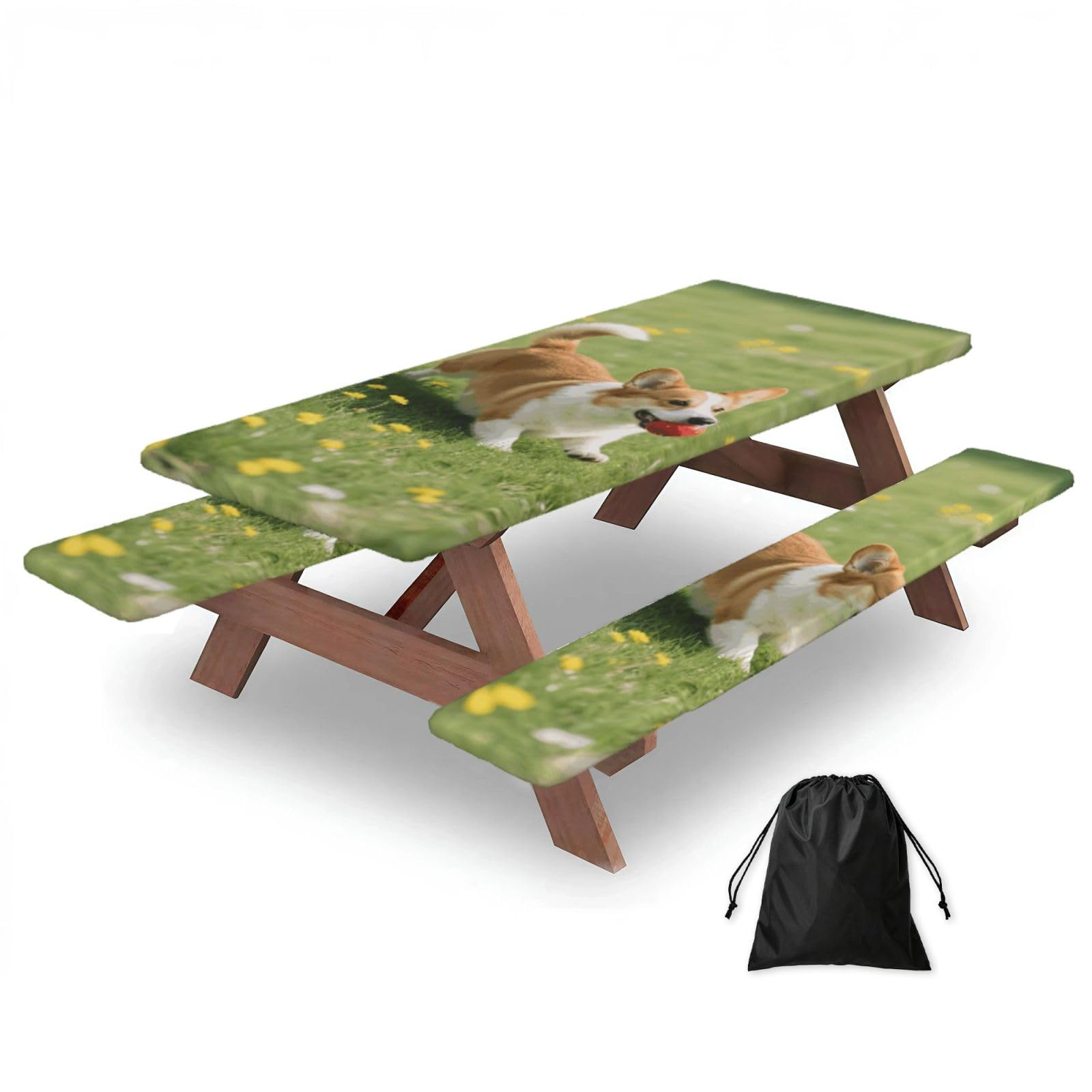 FekiLoot Corgi Picnic Table Cover with Bench Covers and Bag, Windproof Waterproof Rectangle Tablecloth with Elastic Edges Fitted Camping Table Covers Portable Camping Accessories