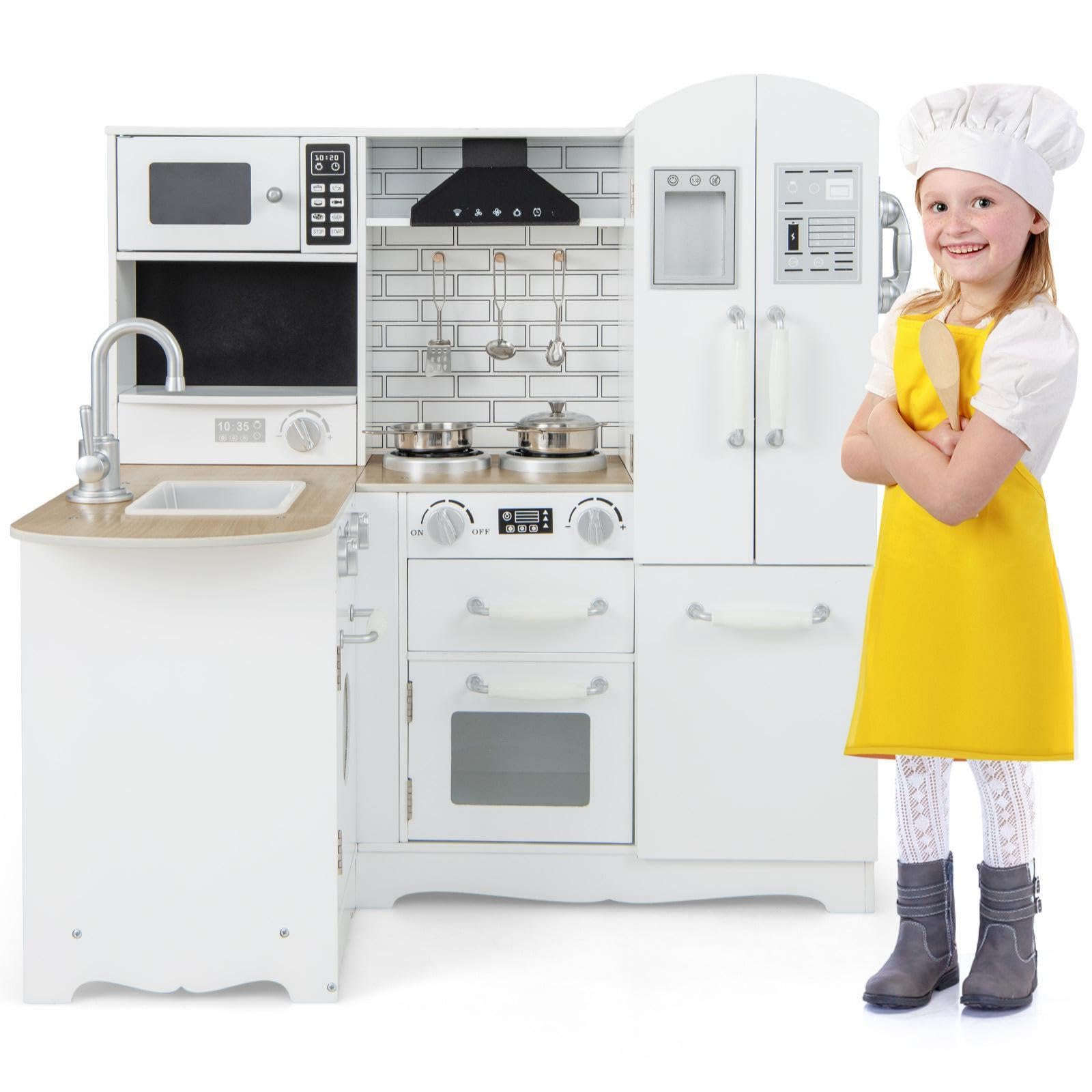 HOMASIS Cucina per Bambini con Suoni, Giocattolo con Lavandino, Fornello, Forno, Frigorifero, Legno ad Angolo per Età 3+ Anni (82 × 66 × 88 cm)