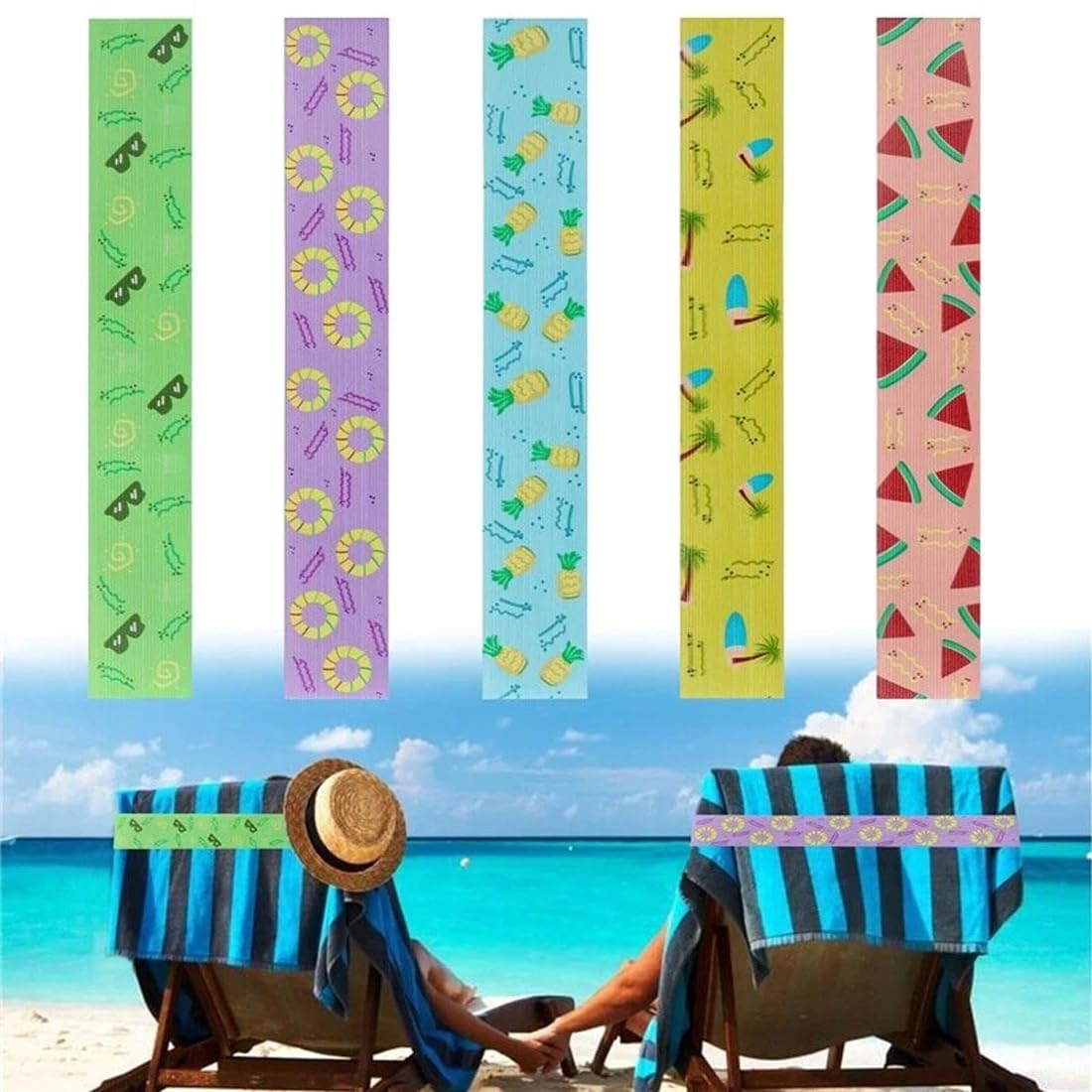Fitspi Colorful 5Pcs Beach Towel Bands For Sun Loungers, Elastic Band For Sunbed Towel, Fixed Beach Towel Holder Sunbed Straps Holders, Windproof Sun Lounger Straps For Sun Loungers Pool Beach Chairs