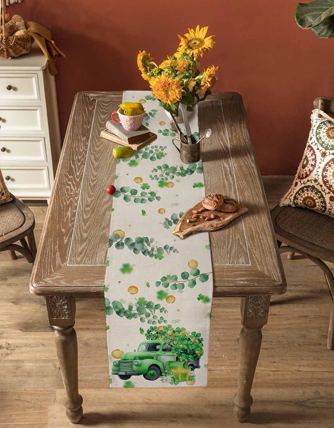 Lucky Shamrock Clover Cotton Table Runner, St. Patrick's Day Retro Green Truck Shamrocks Eucalyptus Leaves Tablecloth Irish Spring Gold Coins Grass Green Eucalyptus Leaves Table Runner 13 x 90 Inch