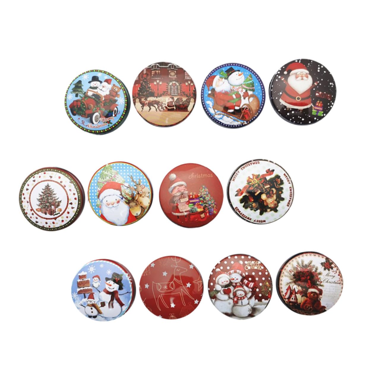 DOITOOL Lot de 12 boîtes de Noël rondes en fer blanc avec couvercle, décoratives et robustes, pour décoration de Noël et fête de Noël, boîtes à biscuits et boîtes cadeaux