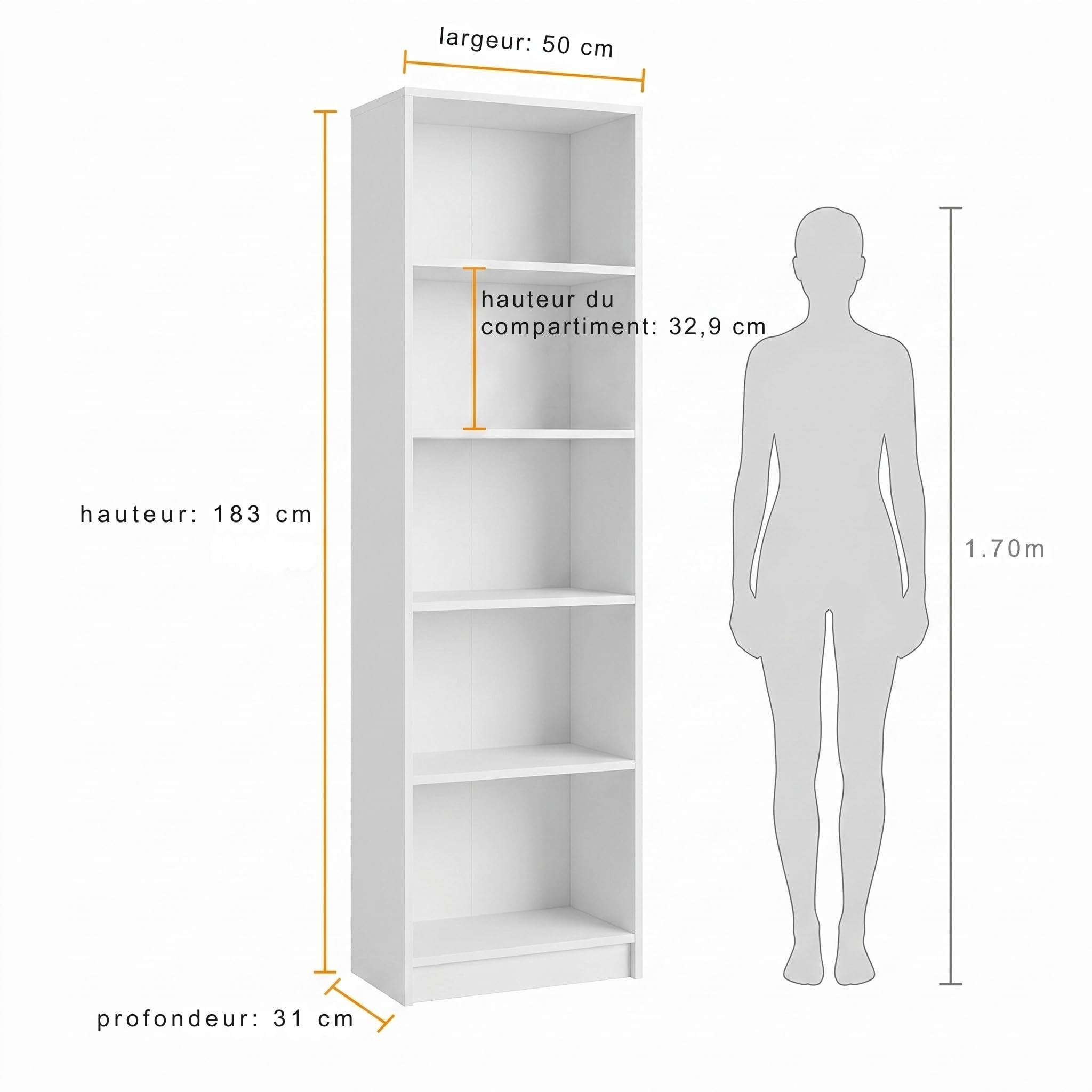 Bibliotheque étroite 50x31x183cm, Meuble bibliotheque Blanc, Etagere Rangement 5 Niveaux, Colonne Rangement Moderne, Etagere bibliothèque Ouverte pour Salon, Bureau, Chambre