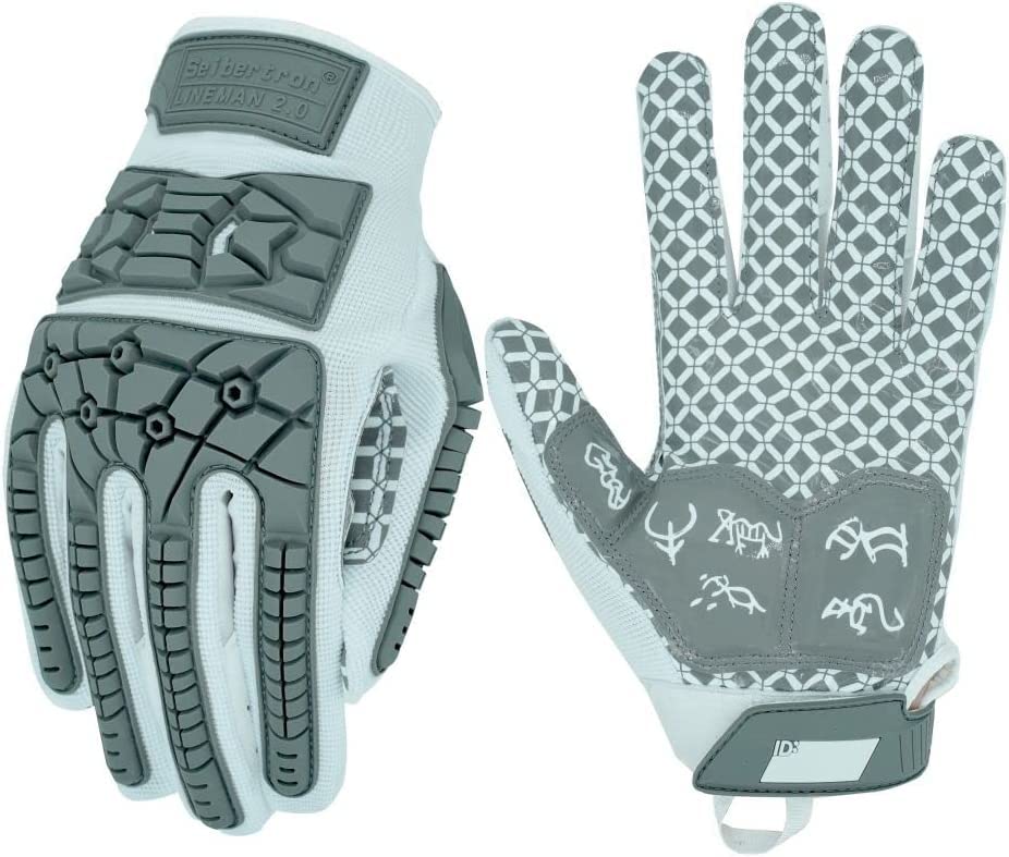 Seibertron Lineman 2.0 Padded Palm Football Receiver Gloves, Flexible TPR Impact Protection Back of Hand Glove Adult Sizes White M