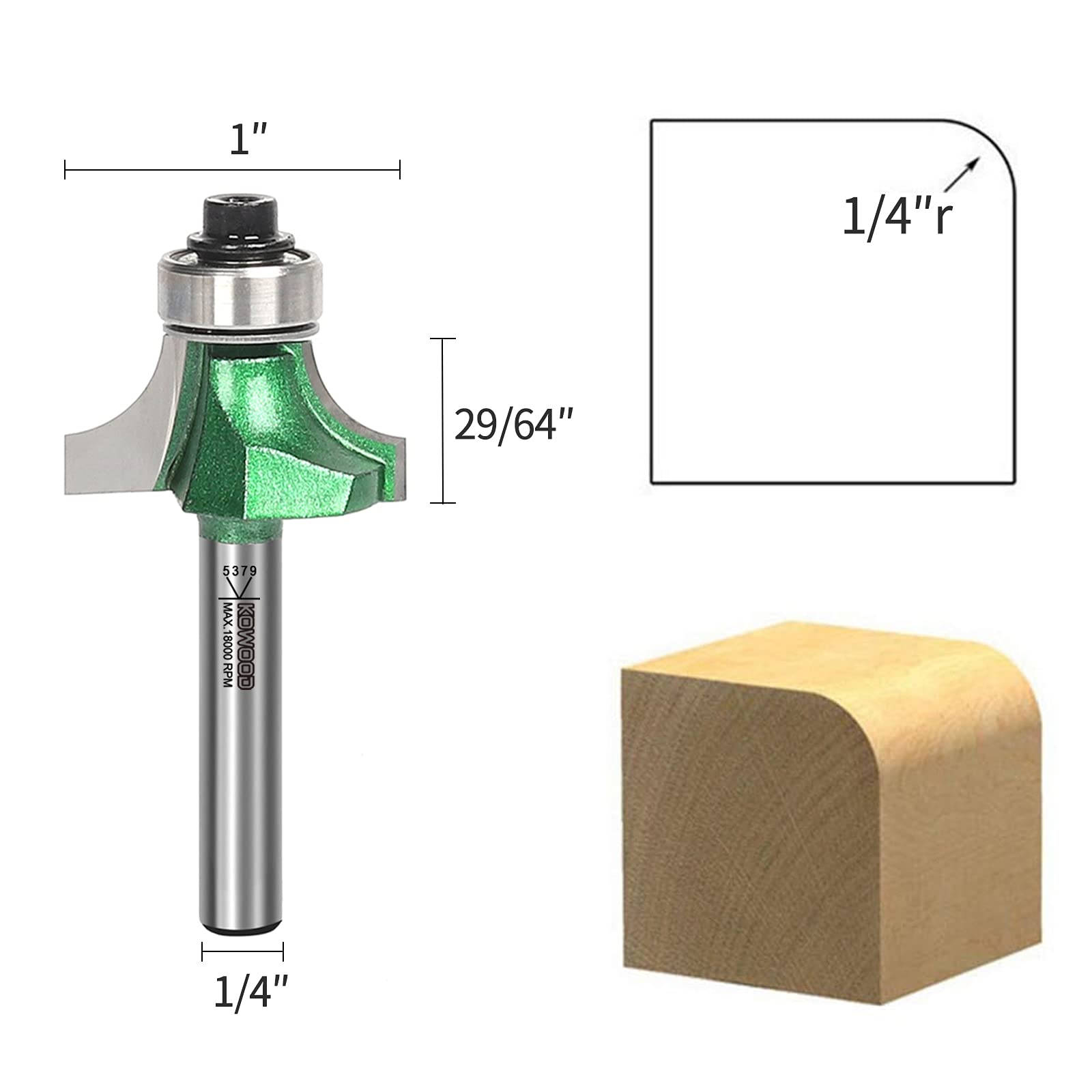 Zestaw bitów Pro Roundover 4 szt., chwyt 1/4", R:1/8", 3/16", 1/4", 5/16"