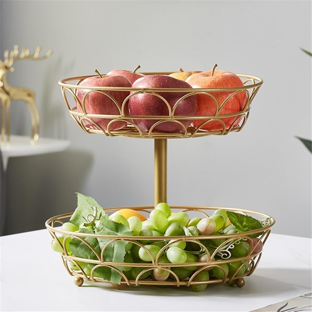 Estantes de frutas Cesta de fruta metal doble capa, mesa centro, cesta , frutero alambre(Gold)