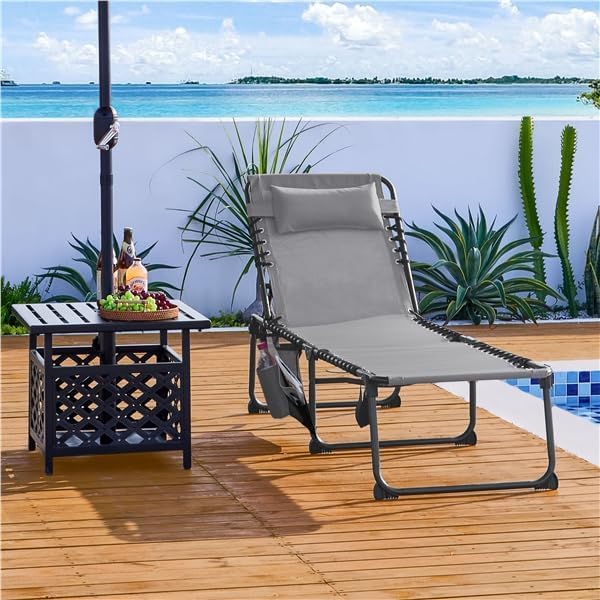 Yaheetech Chaise Longue Pliante Bain de Soleil Transat Jardin Exterieur 189x57x38 cm Dossier Inclinable 5 Positions Lit de Camping pour Plage Piscine Terrasse Relax Détente en Plein Air Gris