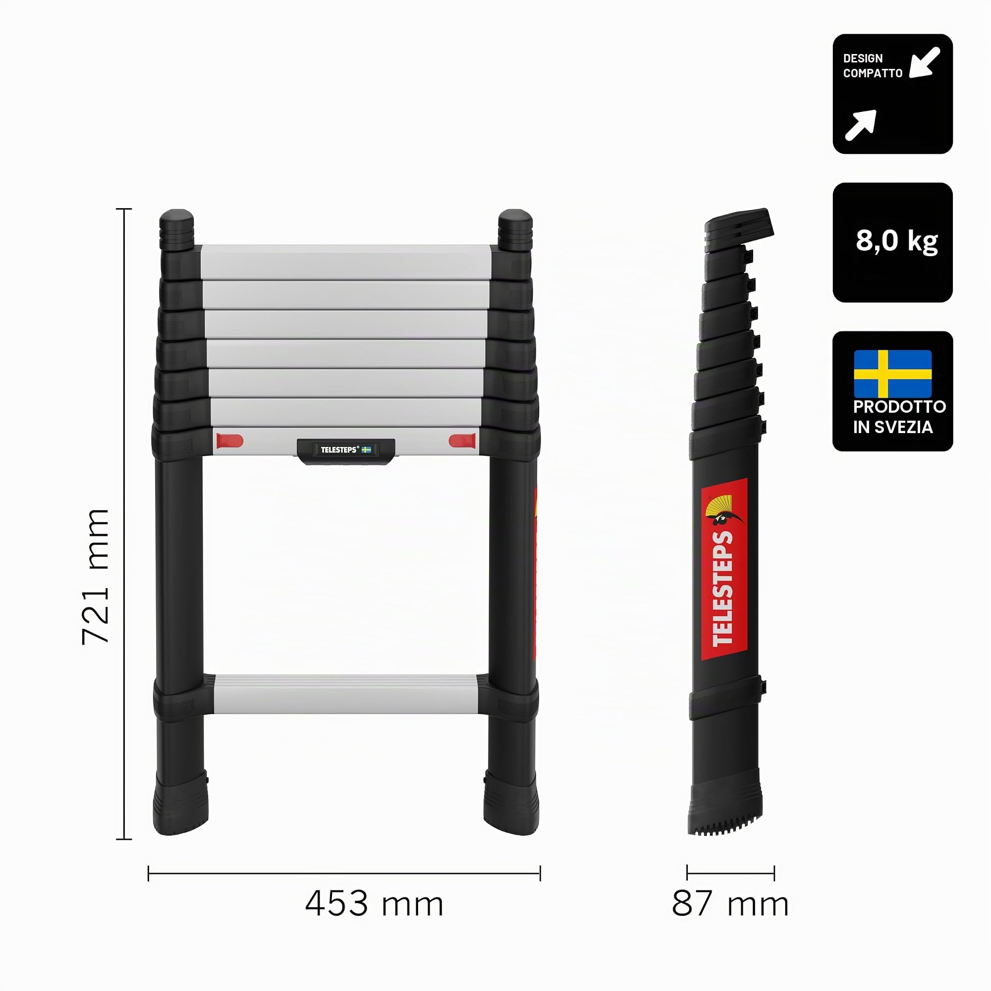 Scala telescopica 2,6m di TELESTEPS I Made in Sweden I Prime Line I Scala di qualità compatta con design premium brevettato I Corrimani triangolari I EN 131 certificata I 72226-541