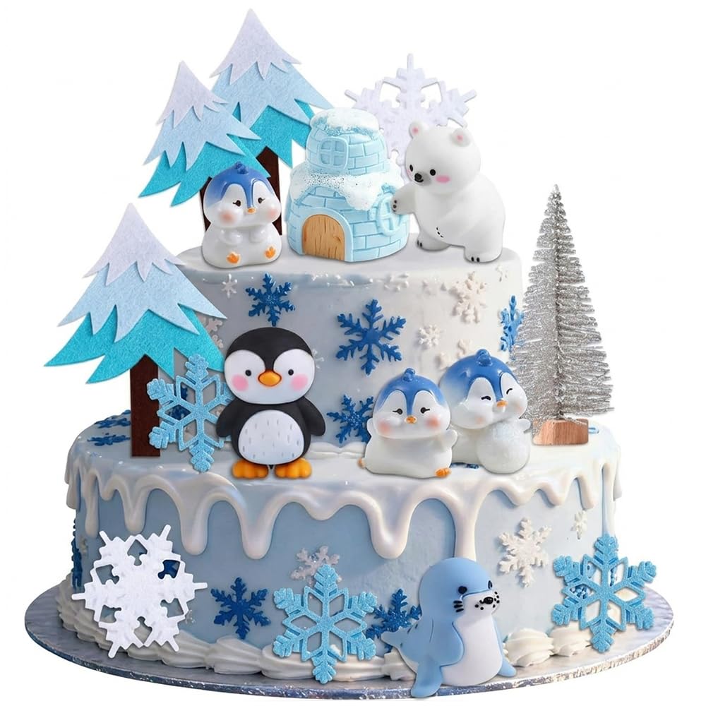 17Pcs Penguin Cake Toppers with Winter Theme Birthday Party Polar Bear