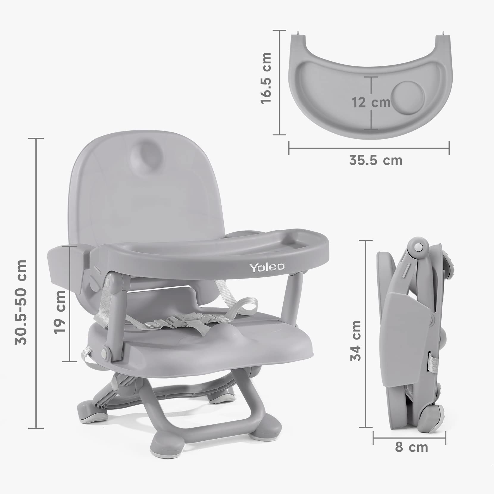 YOLEO Réhausseur Chaise Enfant Pliable, Chaise Haute Bébé Portable, Siège, Chaise repas en Hauteur Réglable, Plateau Amovible, 6 mois à 3 ans, Gris