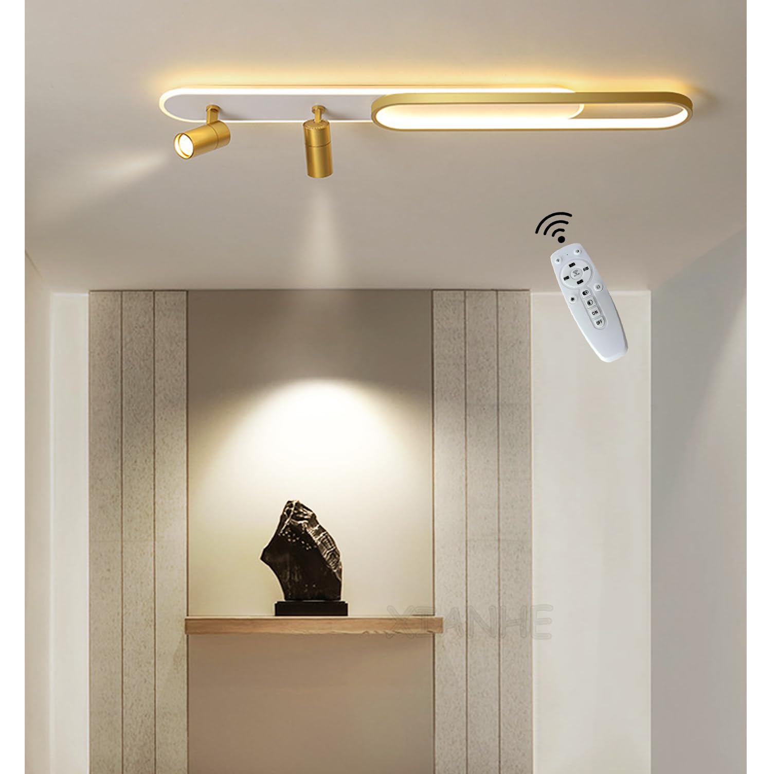 LED Deckenlampe Flur Esszimmer Dimmbare Deckenleuchte mit Fernbedienung, Modern Oval mit Scheinwerfer Leuchten für Wohnzimmer Schlafzimmer Balkon Küche Decke Hängend Lampe (Gold, L100cm)