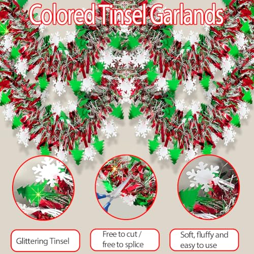 Image of 66 Ft Christmas Tinsel Garland Shiny Thick Red & Green with Tree and Snowflake Design Xmas Tree Metallic Twist Hanging Foil Garland for Christmas Birthday Holiday Indoor Outdoor Party Decor