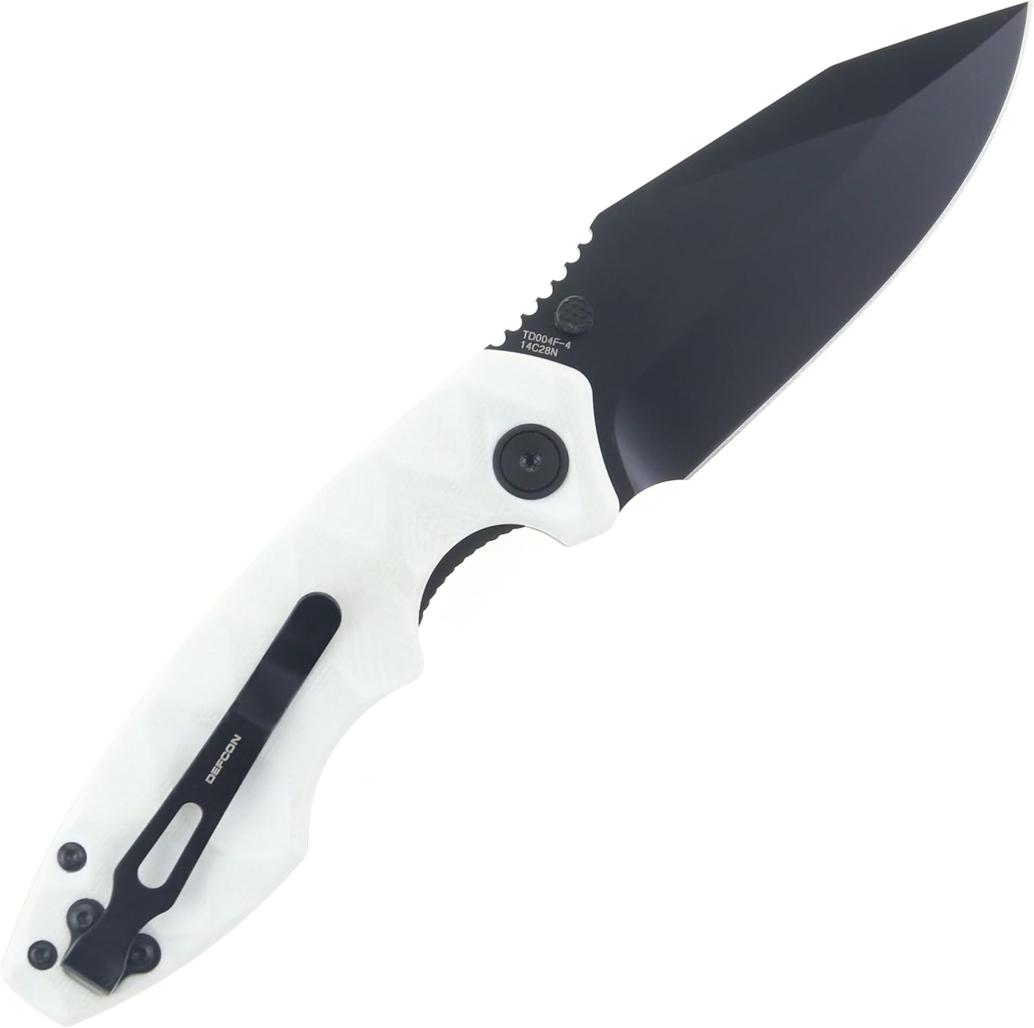 DEFCON Knives REVIVE Folding Knife, 7.5 Inch, G10 Handle, Sandvik 14c28n Steel Blade, Drop Point (White Handle w/Black Blade)