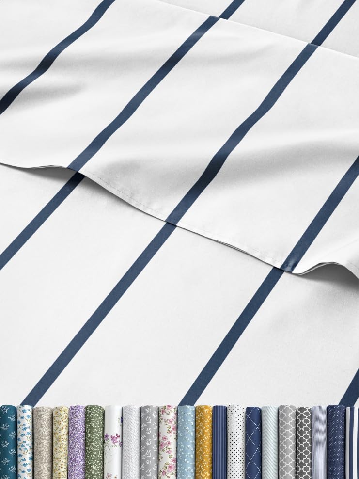 striped sheets - navy blue & white striped sheets - 1 flat & 1 fitted & 2 pillowcases w/ deep pockets – wrinkle & fade free - soft, breathable & cooling – luxury pinstripe bedding - full size bed set