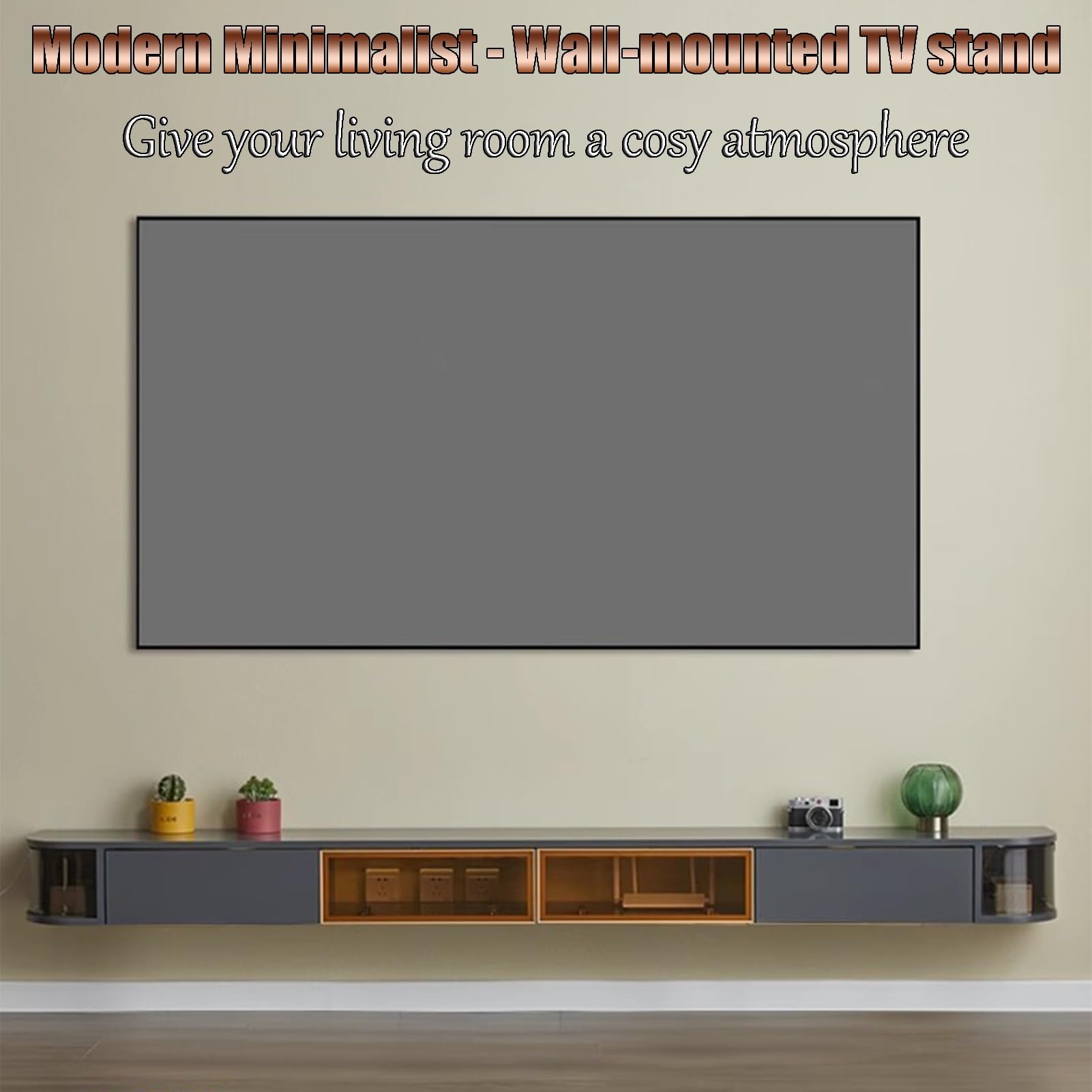 Mobile TV sospeso da parete, console multimediale minimalista con ampio spazio per soggiorno e camera da letto, elegante design grigio, soluzione salvaspazio da 200 cm