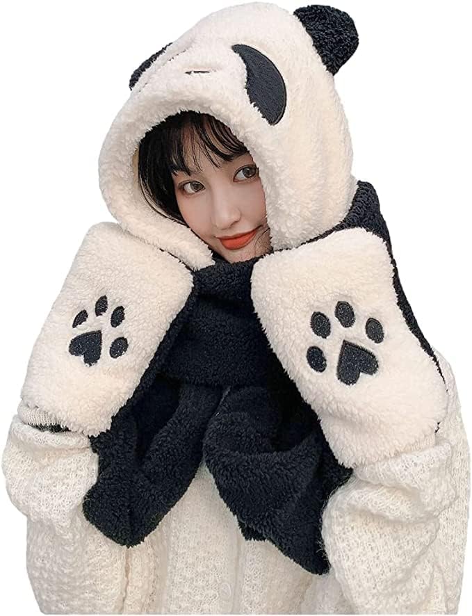 OhMillWomen Girls 3 in 1 Hoodie Cap Panda Animal Winter Hats Cute Paw Gloves Mitten Scarf Set for Christmas Party Holiday Hat
