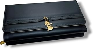 محفظة نسائية بتصميم كوري عصري باللون الأسود، متعددة الأقسام مع فتحات للبطاقات و نافذة للصور