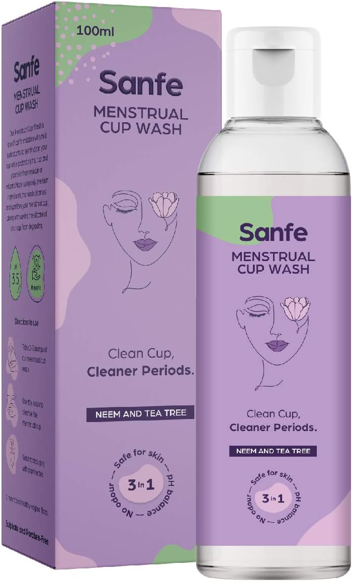 Sanfe Natural Menstrual Cup Wash for women with Tea Tree, Neem, Basil and Lemon - 100 ml - Prevents infections, blood stains, stickiness