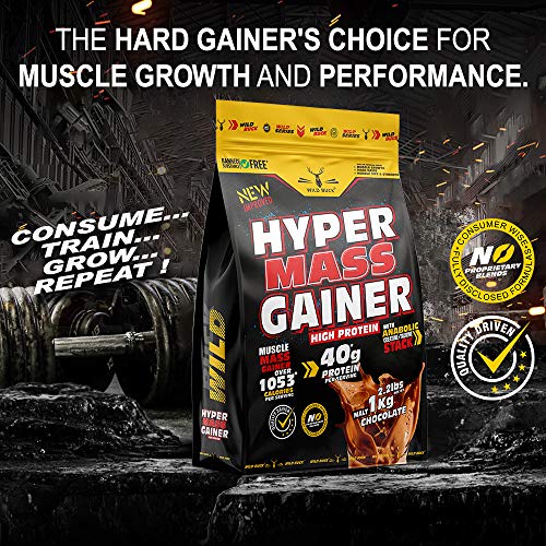 Image of WILD BUCK Hyper Mass Gainer,High Protein Muscle Mass Gainer With Creatine + Taurine,1053 Calories&40G Protein,Gain Strength&Size,Weight Gainer For Men&Women [Malt Chocolate,1 Kg / 2.2 Lb] Free Shaker
