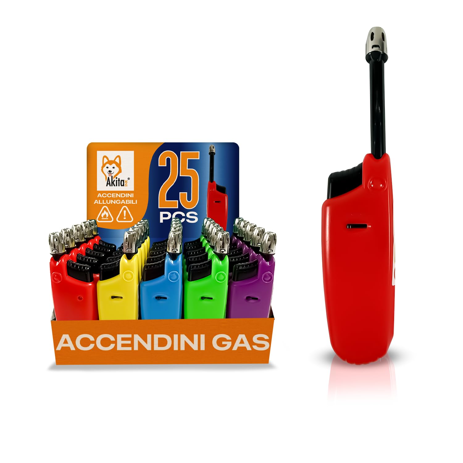Akitaink Accendini Allungabili a Gas Ricaricabili, in Plastica con pistone allungabile - Colori assortiti, Accendino sicuro - Box da 25 Ricaricabile