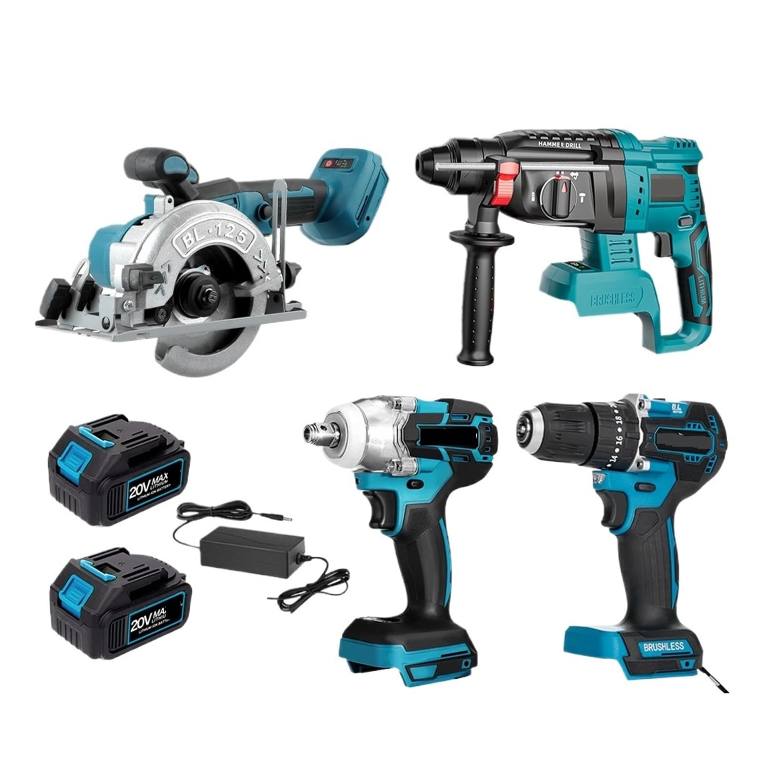 Llave de Impacto Juego De Herramientas Sin Escobillas 4 Uds. Taladro Eléctrico 172 + Llave De Impacto 2 En 1 + Sierra Circular Eléctrica + Taladro De Martillo Eléctrico(Two Big Battery)