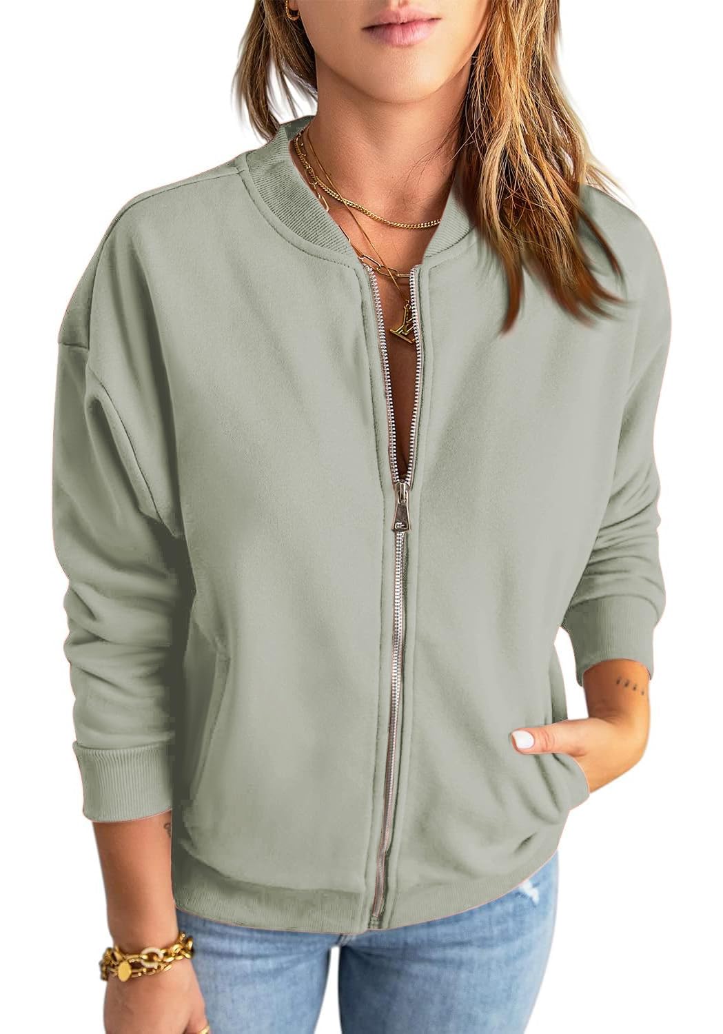 YUTILA Bomberjacke Damen Blouson Jacke Casual Baumwolle Sweatjacke