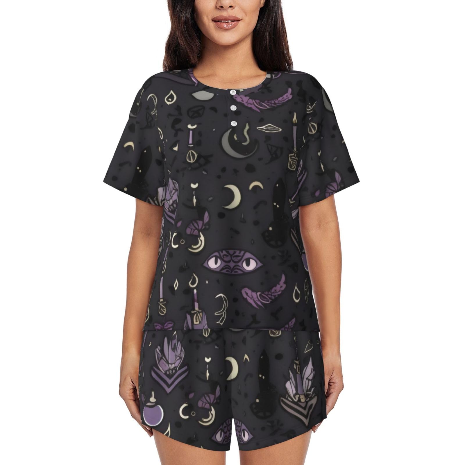 GMSGHJHDR Fashion Purple Black Goth Spooky Pajamas Set Womens - Round Neck Short Sleeve Sleepwear, Soft Comfortable Button Down Nightwear Lounge Pj Set