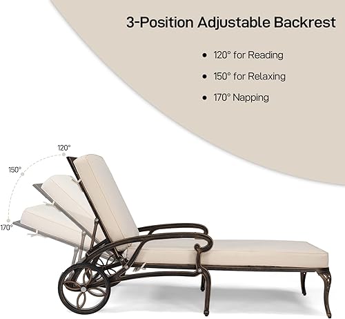 Miniatura 5 de VINGLI Tumbona de aluminio fundido para exteriores con ruedas, tumbona para patio con respaldo ajustable de 3 posiciones, silla de bronceado al aire